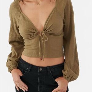 O’Neill Brinley Balloon Sleeve Crop Top In Olive Sz L